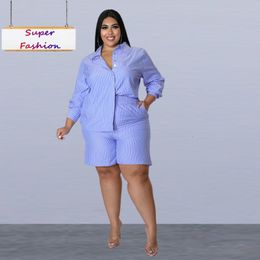 Women's Plus Size Pants L5XL Summer Two Piece Casual Loose Striped Shirt Dress 230705