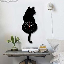 Wall Clocks White/Black Wagging Tail Cat Design Wall Clock Kids Bedroom Wall Decoration Unique Gift Creative Cartoon Mute DIY Clock Z230707