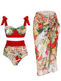 Women's Swimwear Red Fashion Colour Matching Luxurious Classical Printing Bow Tie Up Backpackless Bikini Set Long Cover 2023