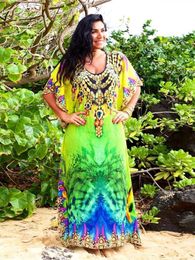 Swimwear Moroccan Kaftan Boho Print Bikini Coverups Sexy Batwing Sleeve Maxi Dress Women Clothing Beach Wear Swim Suit Cover Up Q1394