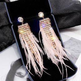 Stud Earrings S925 Silver Needle Pink Ostrich Hair Rhinestone European And American Fashionable Temperament Long Tassel