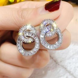 Dangle Earrings Ins Top Selling Sweet Cut Circle Earring Fashion Jewellery 925 Silver Princess Full White Cubic Zircon Women Stud