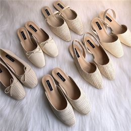 Sandals Summer Single shoes 6style woman cane weave breathable straw mules slippers moccasins bow slipon flats sandal flipflops 230704