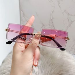 Sunglasses Frames Rimless Rectangle Vintage Woman Brand Pink Gradient Sun Glasses Female Cutting Lens Square Ladies De Sol 230704