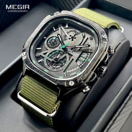 Other Watches MEGIR Black Quartz Watch Men's Waterproof Square Dial Wristwatch with Timing Stainless Steel Band Glow Hand Automatic Date 230704