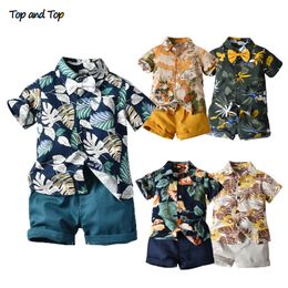 Jerseys Top and Hawai Boy Clothing Set Summer Fashion Floral Short Sleeve Bowtie Shirt Shorts Casual Clothes Gentleman 2Pcs Suit 230704