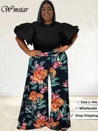 Women's Plus Size Pants Wmstar Two Piece Set 2023 Solid Shirt Top and Printed Trouser Pockets Wide Leg Fashion Matching Direct 230705