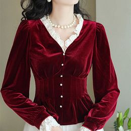 Women s Blouses Shirts Fall Spring Womens Vintage Ruffles Lantern Sleeve Wine Red Black Velvet Blouse Tops Woman Slim Lace Patchwork Velour 230705