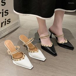 Sandals Fashion Women Office Career Pointed Toe Thin High Heels Shoes Woman Solid Rivet Slip On Summer Zapatos