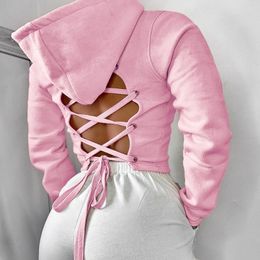 Womens Hoodies Sweatshirts Black Hooded Sweatshirt Women Fall Long Sleeves Cross Bandage Halter Fashion Pink Hoodie Pullover Casual Top 230705