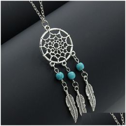 Collane con ciondolo Acchiappasogni Girocollo Vintage Sier Wings Feather Leaf Turquoise Collana regolabile per donna S Fashion Drop Deliv Dhixl