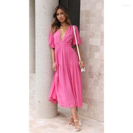 Casual Dresses Midi Dress Deep V Neck Puff Sleeve Summer Sundress Women Solid Color Holiday Style Female Clothes Elegant