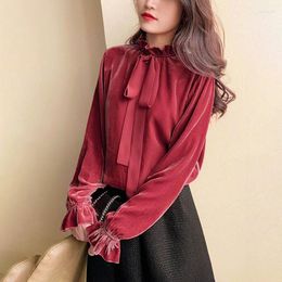 Women's Blouses Vintage Velvet Blouse Women Autumn Winter Long-Sleeve Bottoming Shirt Elegant Ruffle Stand Collar Lace-Up Loose Pullover