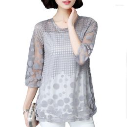 Women's Blouses Womens Blouse Shirt 3/4 Sleeve Mesh Hollow Out Loose Grey Ladies Tops Blusas Plus Size Shirts 2023