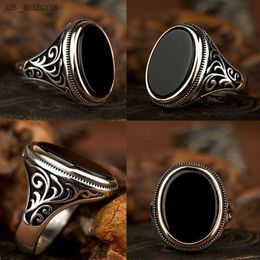 Punkboy Retro Style Men's Ring Craved Pattern Black Egg-shaped Crystal Silver Colour Ring for Male Party Jewellery Size 6-13 L230620