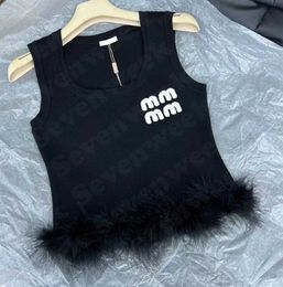 Designer new Ostrich Hair Knitted Vest T Shirts fashion brand Women Embroidery Letter Sleeveless Knitting Ladies womens Tees