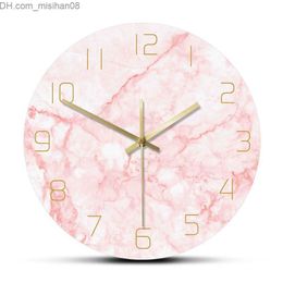 Wall Clocks Natural Pink Marble Round Wall Clock Silent Non Ticking Living Room Decor Art Nordic Wall Clock Minimalist Art Silent Wall Watch 210930 Z230705