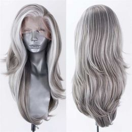 Synthetic Lace Front Wig Highlight White/Gray Lace Wigs for Women Natural Wave Wig Grey Cosplay Wigs Heat Resistant Fibre 230524