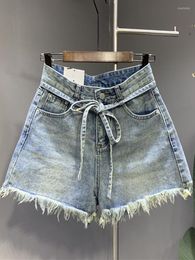 Women's Shorts Lace-up Light Blue A-line Denim Women Summer 2023 Vintage Nostalgic Color Wide-legged Pants