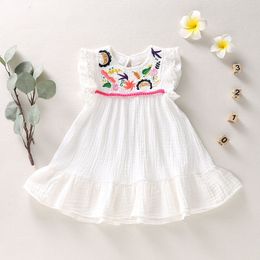 Girl s Dresses Infant Baby Girls Cotton Linen Pleated Short Sleeve Delicate Embroidery Swing White Dress Summer Leisure 230704