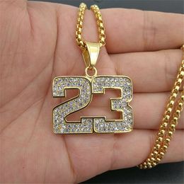 Pendant Necklaces Men's Basketball Necklace 23 Pendant Stainless Steel Chain Ice Sparkling Necklace Hip Hop Sports Jewellery Necklace 230704