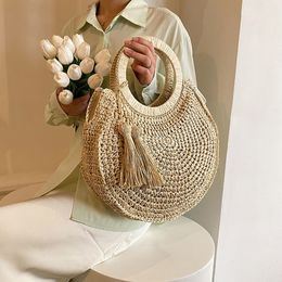 Evening Bags 2023 Straw for Women Round Tassel Handbag Summer Beach Weaving Top Handle Bag Tote Vintage Large Lady Shopping 230704