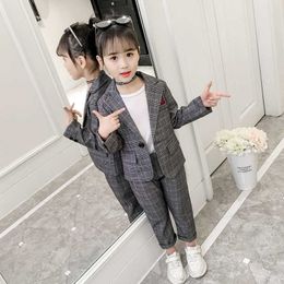 Suits Fashion Wedding Kids Suit for Girls Formal Pant Suits for Teenagers 2PCS Blazer Set Brand Plaid Children Blazer 4 5 7 9 11 13THKD230704