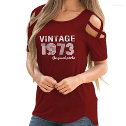 Women's T Shirts Vintage 1973 Original Parts 50 Print Women T-Shirt 50th Birthday Gift Cross Off Shoulder Casual Tshirt Femme Tops For