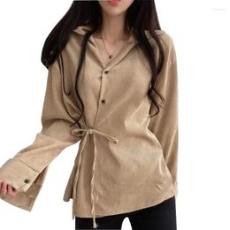 Women's Blouses 2023 Women SPring Summer Shirts Corduroy Vintage Oversize Office Korean Style Lace Up Ladies Tops CL839