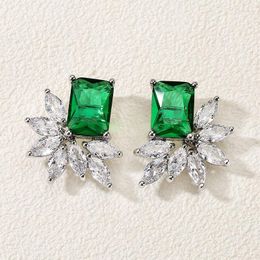 Stud Earrings Fashion Green Rectangle Zircon For Women Party Jewellery Exquisite Shiny Flowers Earring Valentine's Day Gift