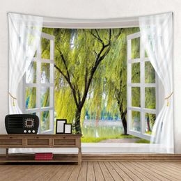 Tapestries Nature Forest Tapestry Willow Wall Cloth Tapestry Hippie Mandala Tapestries Outside Window Landscape Home Decoration Tapestry