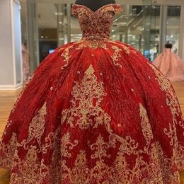 Red Shiny Ball Gown Quinceanera Dresses Gold Appliques Beaded Off The Shoulder Sweet 16 Dress Pageant Gowns vestido de 15 anos