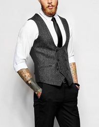 Men's Vests Brown Tweed Waistcoat Mens Slim Business Wool Herringbone U-neck Suit Custom Made Sleeveless Jacket For Wedding