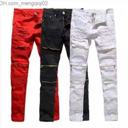 Men's Jeans Men Skinny Stretch Denim Ripped jeans Pant Distressed Ripped Freyed Slim Fit Jeans Destroyed Ripped Jeans Black White Red Jeans Z230711