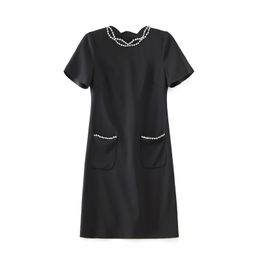2023 Лето черное сплошное цветовое платье с коротким рукавом круглое шея по колено повседневные платья W3L043908