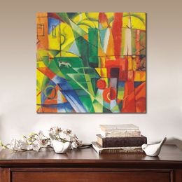 Abstract Landscape Canvas Art Landscape with House Dog and Cattle Franz Marc Painting Handmade Modern Decor for Entryway