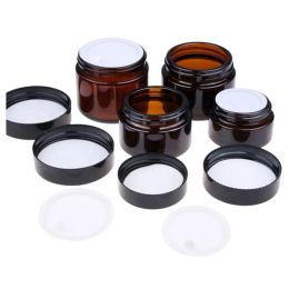 Fashion Amber Glass Cream Bottle Jars Cosmetic Sample Container Refillable Pot with Inner Liners and Black Lids