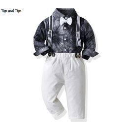 Camisolas top e Moda Meninos Conjuntos de roupas casuais Manga comprida Gravata tingida Camisas Tops Suspensórios Calças Gentleman 2PCS Outfit 230704