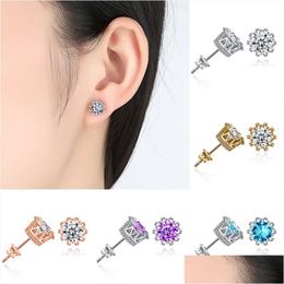 Stud Korean Women Cz Crown Earrings Luxury Sier Gold Clear Purple Blue Cubic Zirconia Diamond Ear Rings For Girl Fashion Jewellery Dro Dhscf