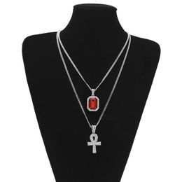 Pendant Necklaces Iced Out Egyptian Ankh Key Of Life Necklace Set Bling Cross Mini Gemstone Gold Sier Chain For Mens Hip Hop Jewellery Dhokw