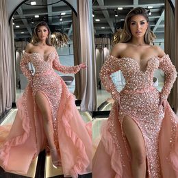 Glamorous Pink Mermaid Evening Dresses With Detachable Train Long Sleeve Pearls Prom Dress Celebrity Custom Made Gowns