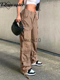 Women's Pants Capris Rapcopter Ruched Big Pockets Cargo Jeans Retro Sporty Low Waisted Trousers Light Brown Fashion Streetwear Denim Joggers Women J230705