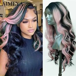 Synthetic Lace Wigs For Black Women Highlight Green Lace Wig Pink Hair Long Wavy Cosplay Wigs Heat Resistant Fibre 230524