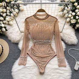 Women s Jumpsuits Rompers Sexy Women Long sleeve Bodysuits est Slim Mesh Stretchy Pearl Lady Tops T shirt Club INKEO 2B017 230705