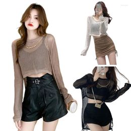 Women's T Shirts Irregular Hollow Knitted T-shirt Women Casual Solid Color Long Sleeve Crop Tops Girls Sexy See Through Sun Protection Cover