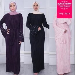 Ethnic Clothing Muslim Adult Fashion Brand Beading Pleated Abaya Dress Robes Female Arab Prayer Worship Service Flare Sleeve Wj272337Q