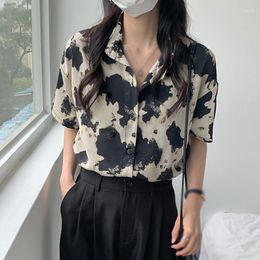 Women's Blouses KOERIM Flower Print Short Sleeve Lady Shirts Vintage Style Loose Blouse Leopard Printed Top Turn Down Collar Tops Summer