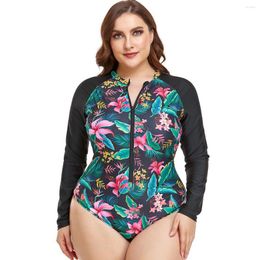 Women's Swimwear Large Size Long Sleeve Swimsuit For Women Push Up Bodysuit Female Print Zipper Swimming Bathing Suit