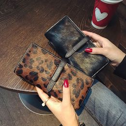 Winter Hot Women Long Wallets Leopard Grain Clutch Bags Fashion Horse Fur Genuine Leather Purse Money Bag