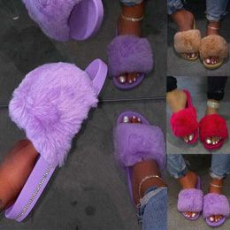 Sandals Rhinestone Furry Slippers Women Fur Home Fluffy Sliders Summer Flats Sweet Ladies Shoes Purple Rose Colour 230417